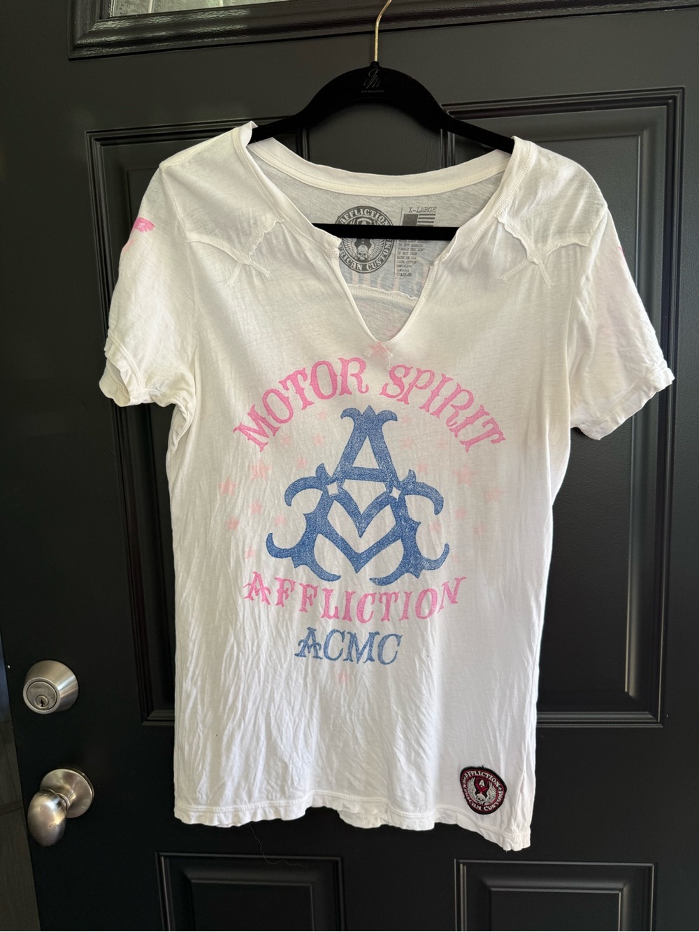 Y2K Affliction White Short Sleeve Tee with Pink & Blue Graphic